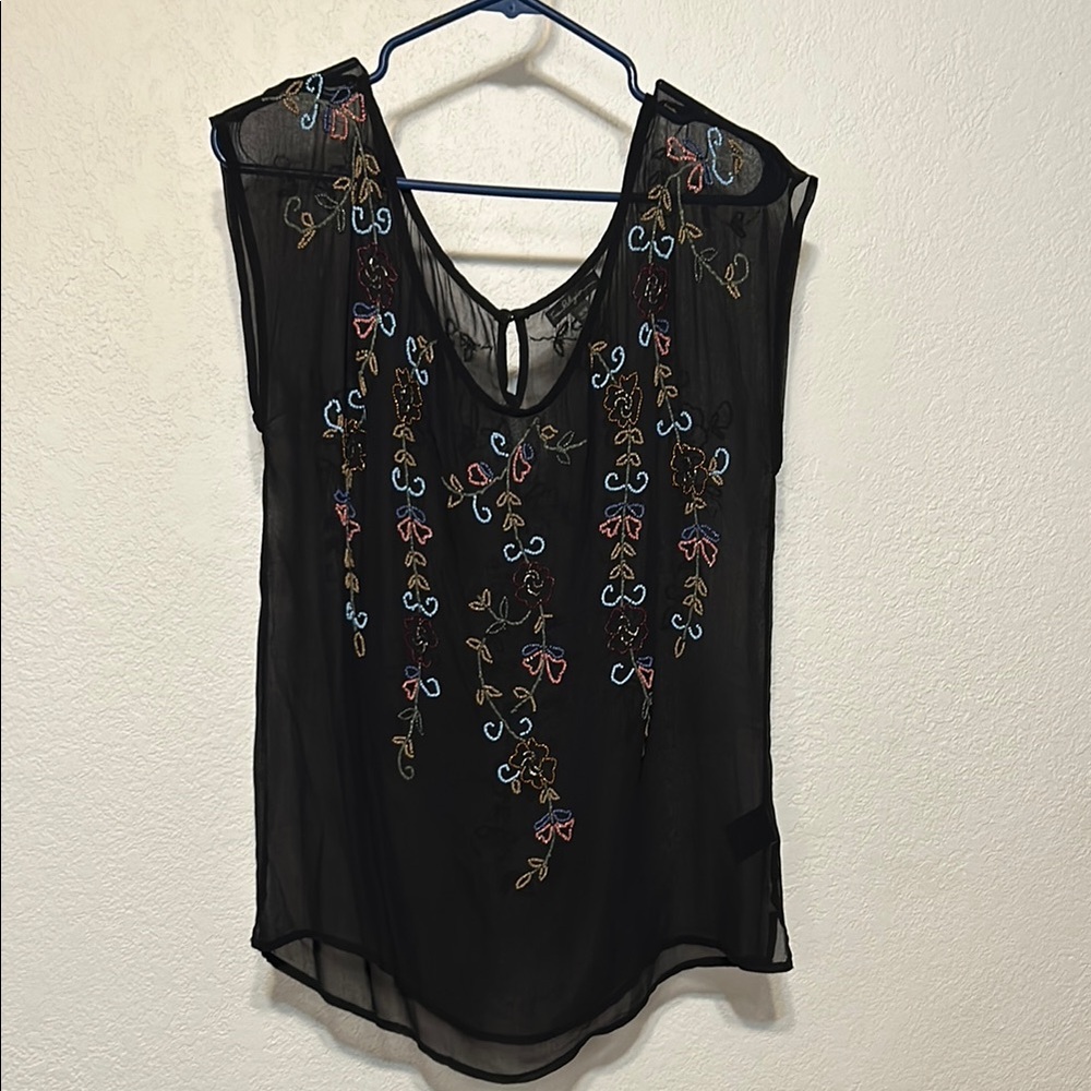 Beaded Embroidered Black Sheer Top